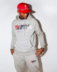 Trapstar London Towel Embroidered Hoodie & Pants Tracksuit(Red Gray White Logo)