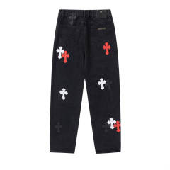 Chr0me Hearts CH Cross White Red Patch Distressed Pants Jeans Black