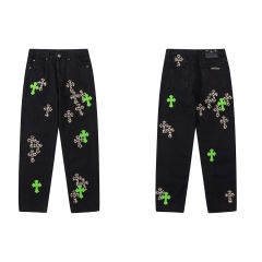 Chr0me Hearts Leopard print quilted leather embroidered cross distressed straight leg jeans