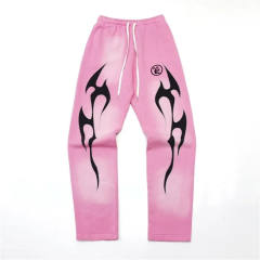 1:1 quality version Hellstar HS Black Flame Pink Washed Version Straight Leg Pants with NFC Tag