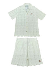 1:1 Quality Casa Vintage Pearl Button Ripple Cutout Knit Polo Shirt & Shorts Set