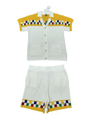 1:1 Quality Casa Colourful Plaid Pearl Button Knit Polo Shirt & Shorts Set