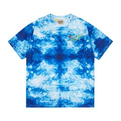 Retro deep blue tie-dyed rainbow letter washed printed tee