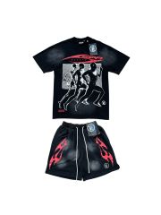 28214414 Sportsman Red Logo Printed Washed Version Tee & Shorts Set