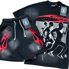 28214414 Sportsman Red Logo Printed Washed Version Tee & Shorts Set