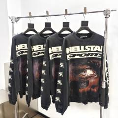 1:1 Quality Hellstar Half face frayed crew neck Sweatshirt & Pants Set with NFC tag
