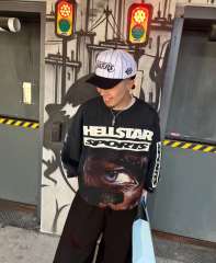 1:1 Quality Hellstar Half face frayed crew neck Sweatshirt & Pants Set with NFC tag