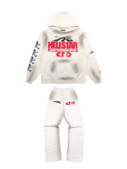 1:1 Quality Hellstar Beige Skull Slogan Logo Hoodie & Sweatpants Set with NFC tag