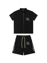 28475731 Embroidered Gemstone-Inlaid Zip up Shirt & Shorts Set