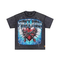 Lightning Heart Print Rhinestone Wings Washed Version Tee 28747720