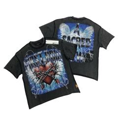 Lightning Heart Print Rhinestone Wings Washed Version Tee 28747720