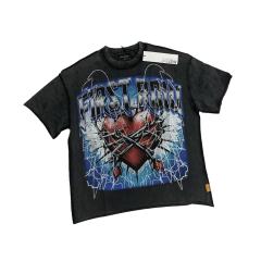 Lightning Heart Print Rhinestone Wings Washed Version Tee 28747720