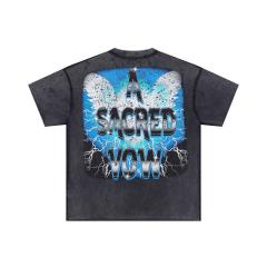 Lightning Heart Print Rhinestone Wings Washed Version Tee 28747720