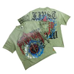 Blue Flame Heart Print Rhinestone Washed Version Tee 28748433