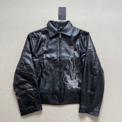 ERD Double-Sided Embroidered Leather Jacket Black Surreal Graphic Bomber Coat
