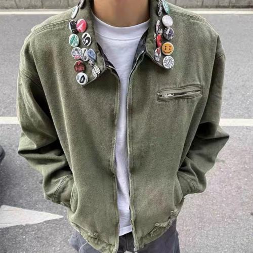 ERD Pin-Badge Distressed Workwear Jacket Olive Washed Military-Inspired Chore Coat