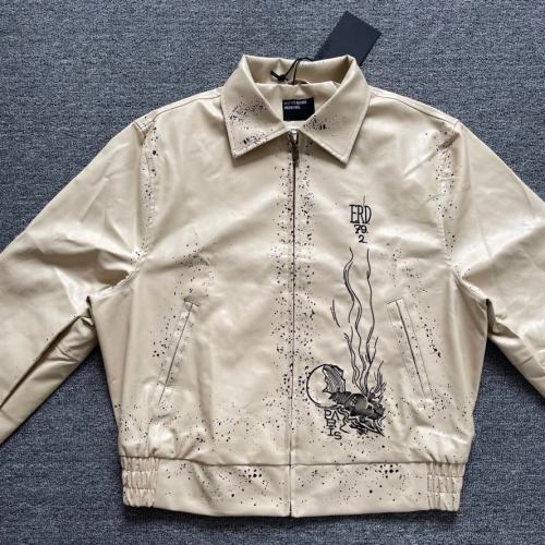 ERD Double-Sided Embroidered Leather Jacket Black Surreal Graphic Bomber Coat