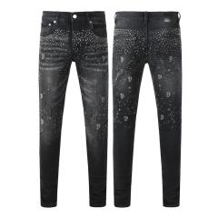 1:1 PURPLE BRΑND Black Washed All-Over Rhinestone Slim-Fit Jeans
