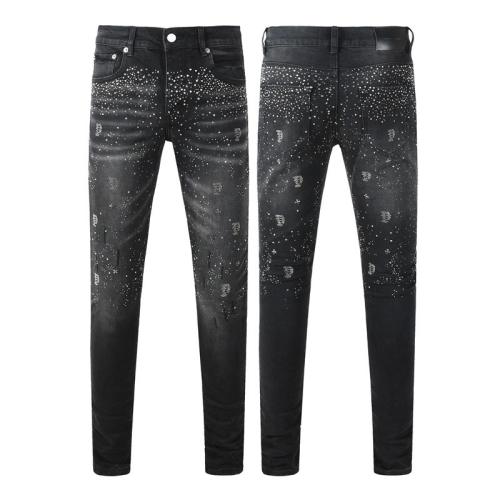 1:1 PURPLE BRΑND Black Washed All-Over Rhinestone Slim-Fit Jeans