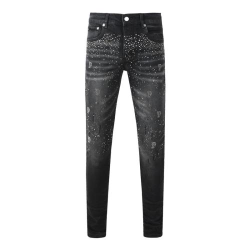 1:1 PURPLE BRΑND Black Washed All-Over Rhinestone Slim-Fit Jeans