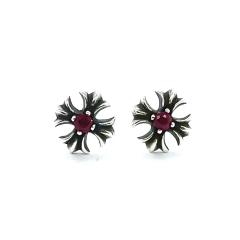 CH Solid 925 Silver Flower Stud Earrings With Central Red Ruby Gemstone Pair