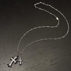CH White Gold Plated Full Diamond Dual Size Double Cross Twist Chain Necklace