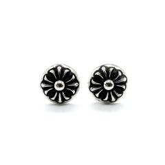 CH Solid 925 Silver Round Dome Cross Flower Solid Silver Stud Earrings Pair