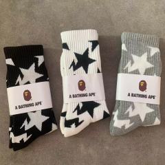 BAPE Black Star Pattern White Mid Calf Crew Socks