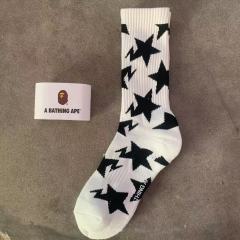BAPE Black Star Pattern White Mid Calf Crew Socks