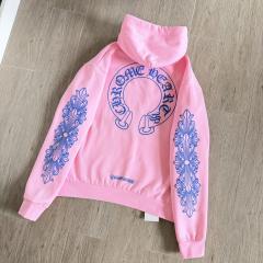 1:1 Top Quality CH Blue Floral Sleeve Pink Horseshoe Graphic Pullover Hoodie