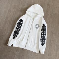 1:1 Top Quality CH Black Floral Cross Sleeve White Full Zip Hoodie