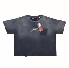 1:1 Top Quality Paly Hollywood Wash Distressed Hole Raw Cut Bright Blue Cropped Short Sleeve T-shirt