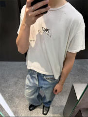 1:1 Top Quality Paly Hollywood Wash Distressed Hole Raw Cut Bright Blue Cropped Short Sleeve T-shirt