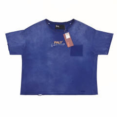 1:1 Top Quality Paly Hollywood Wash Distressed Hole Raw Cut Bright Blue Cropped Short Sleeve T-shirt