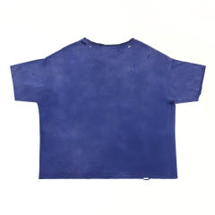 1:1 Top Quality Paly Hollywood Wash Distressed Hole Raw Cut Bright Blue Cropped Short Sleeve T-shirt