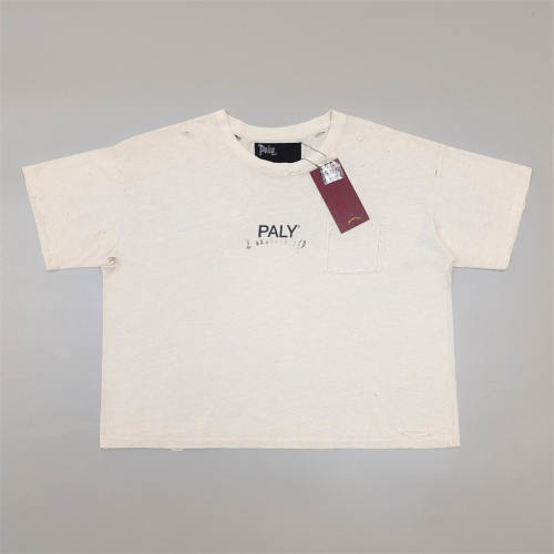 1:1 Top Quality Paly Hollywood Wash Distressed Hole Raw Cut Bright Blue Cropped Short Sleeve T-shirt