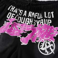 Front Pink Graffiti Letter Print Elastic Drawstring Loose Cotton Sweat Shorts 29356458