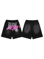 Front Pink Graffiti Letter Print Elastic Drawstring Loose Cotton Sweat Shorts 29356458