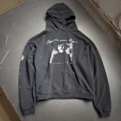ERD Washed Black Paint Splatter Hoodie Gothic Portrait Graphic Grunge Streetwear Hoodie