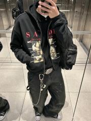 ERD Washed Black Zip Hoodie SADE Art Collage Print Grunge Streetwear Hoodie