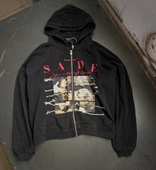 ERD Washed Black Zip Hoodie SADE Art Collage Print Grunge Streetwear Hoodie