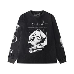 ERD Vintage Washed Black Long Sleeve T-Shirt Saint Teresa Statue Graphic French Text