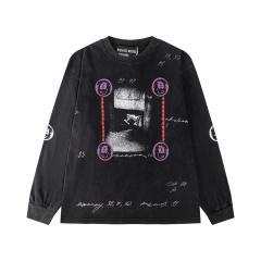 ERD Washed Black Long Sleeve Tee Ancient Coin Frame Photograph Handwritten Script Print Retro Gothic Streetwear T-Shirt