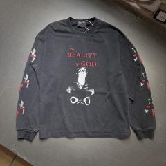 ERD Washed Black Long Sleeve Tee The Reality or God Portrait Graphic Vintage Streetwear Long Sleeve T-Shirt