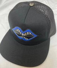 Chrome Blue Lips Fangs Patch Black Trucker Mesh Cap