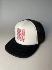 Chrome Red Gothic Letter Embroidery Trucker Cap, White Front Black Mesh