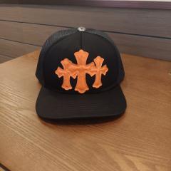 Chrome Black Trucker Hat Orange Leather Cross Patches