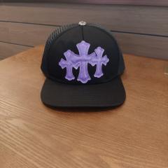 Chrome Black Trucker Hat Purple Leather Cross Patches