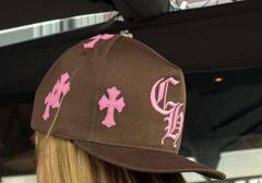 Chrome Brown Snapback Hat Pink Embroidered Cross & CH Logo