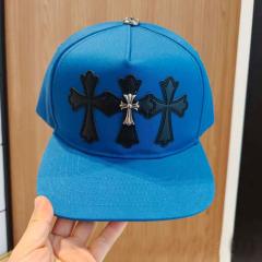 Chrome Royal Blue Snapback Hat Black Leather Cross Patches